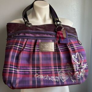 Coach Tartan Purple Large Tote Hangtags Glam Poppy 15886